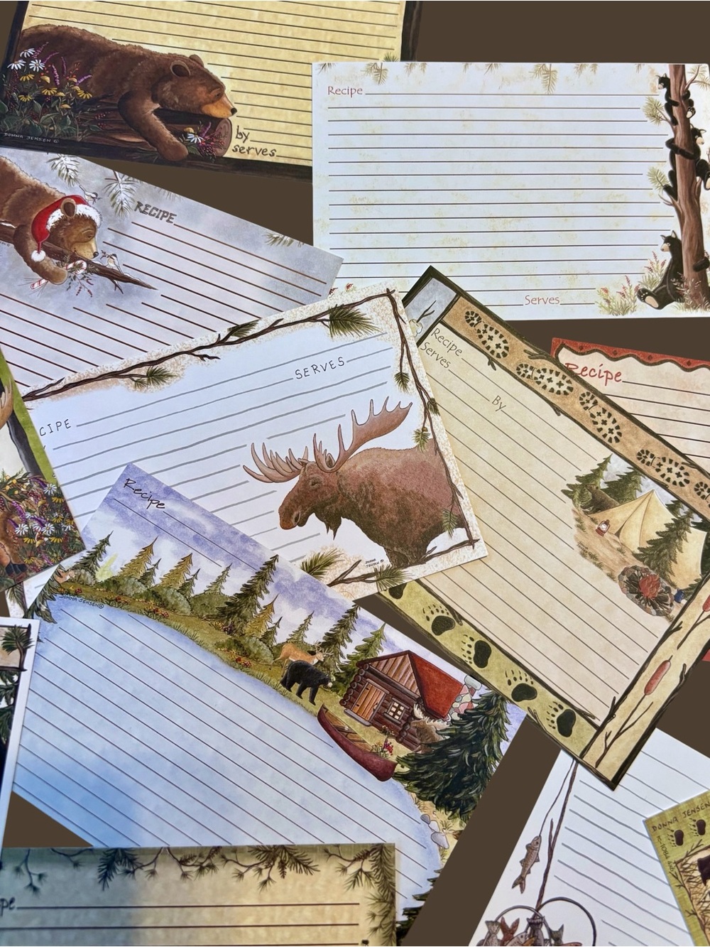 Lodge Bear Moose Recipe cards assortment 4x6” made in USA, 24 cards